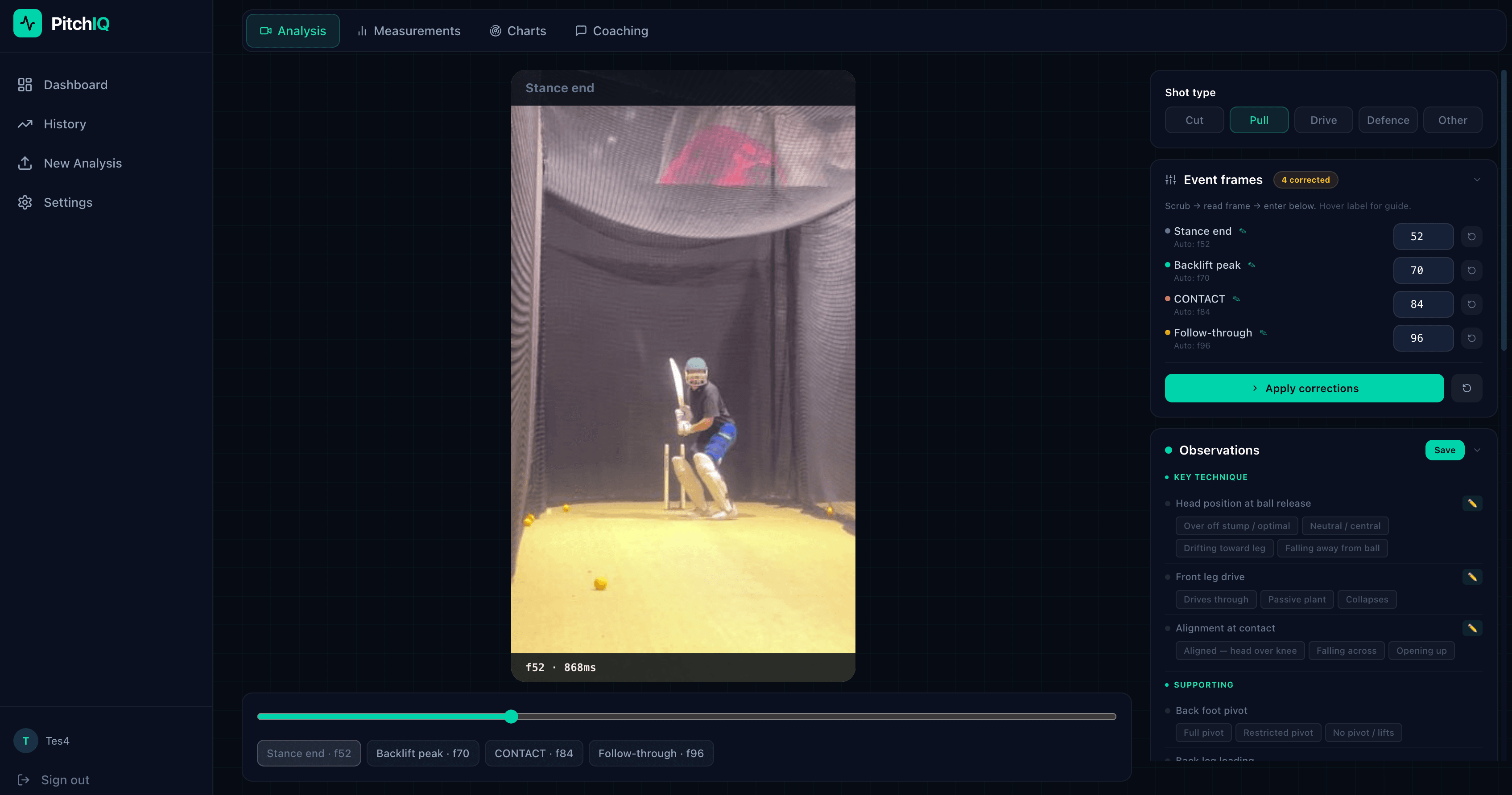 PitchIQ analysis view showing contact frame detection